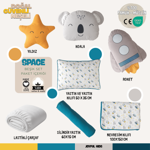 Space Beşik ve Park Yatak Uyku Seti - %100 Pamuk Müslin - Uzay Temalı Bebek Uyku Seti