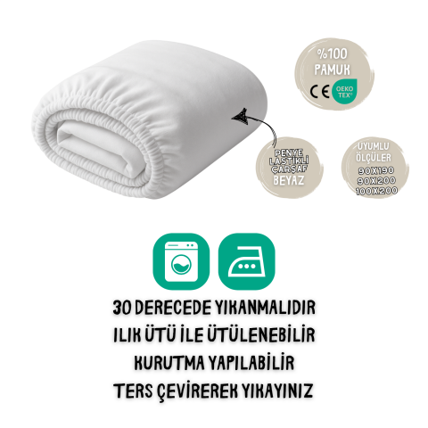 %100 Pamuk Likralı Lastikli Penye Çarşaf - Beyaz – 90x190 / 90x200 / 100x200 Uyumlu