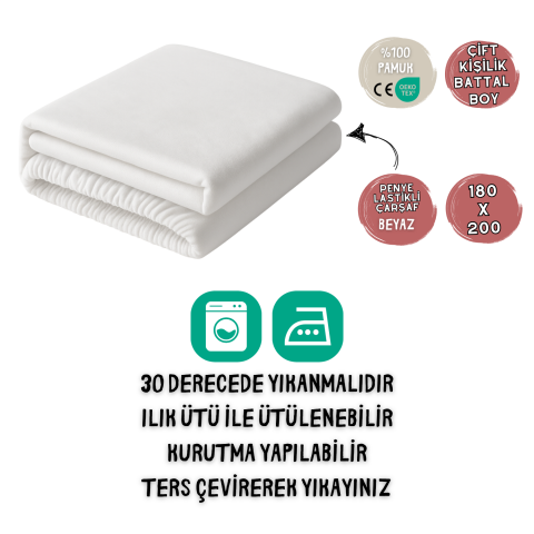%100 Pamuk Likralı Lastikli Penye Çarşaf – Beyaz – Çift Kişilik Battal Boy (180x200)