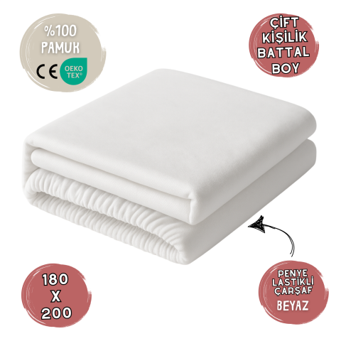 %100 Pamuk Likralı Lastikli Penye Çarşaf – Beyaz – Çift Kişilik Battal Boy (180x200)