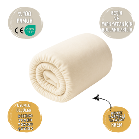 Yumuşak Penye Lastikli Bebek Çarşafı – %100 Pamuk, Esnek ve Tam Oturan | Beşik & Park Yatak için | Krem