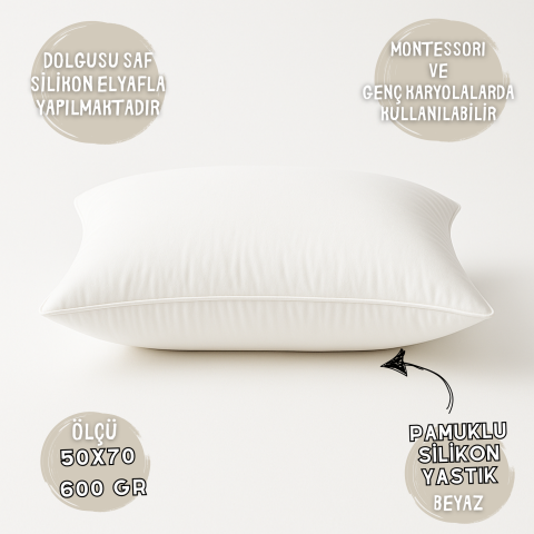 Pamuklu Silikon Yastık 50x70 cm – 600 gr | Saf Silikon Elyaf Dolgulu, Montessori ve Genç Karyolalara Uygun, Beyaz