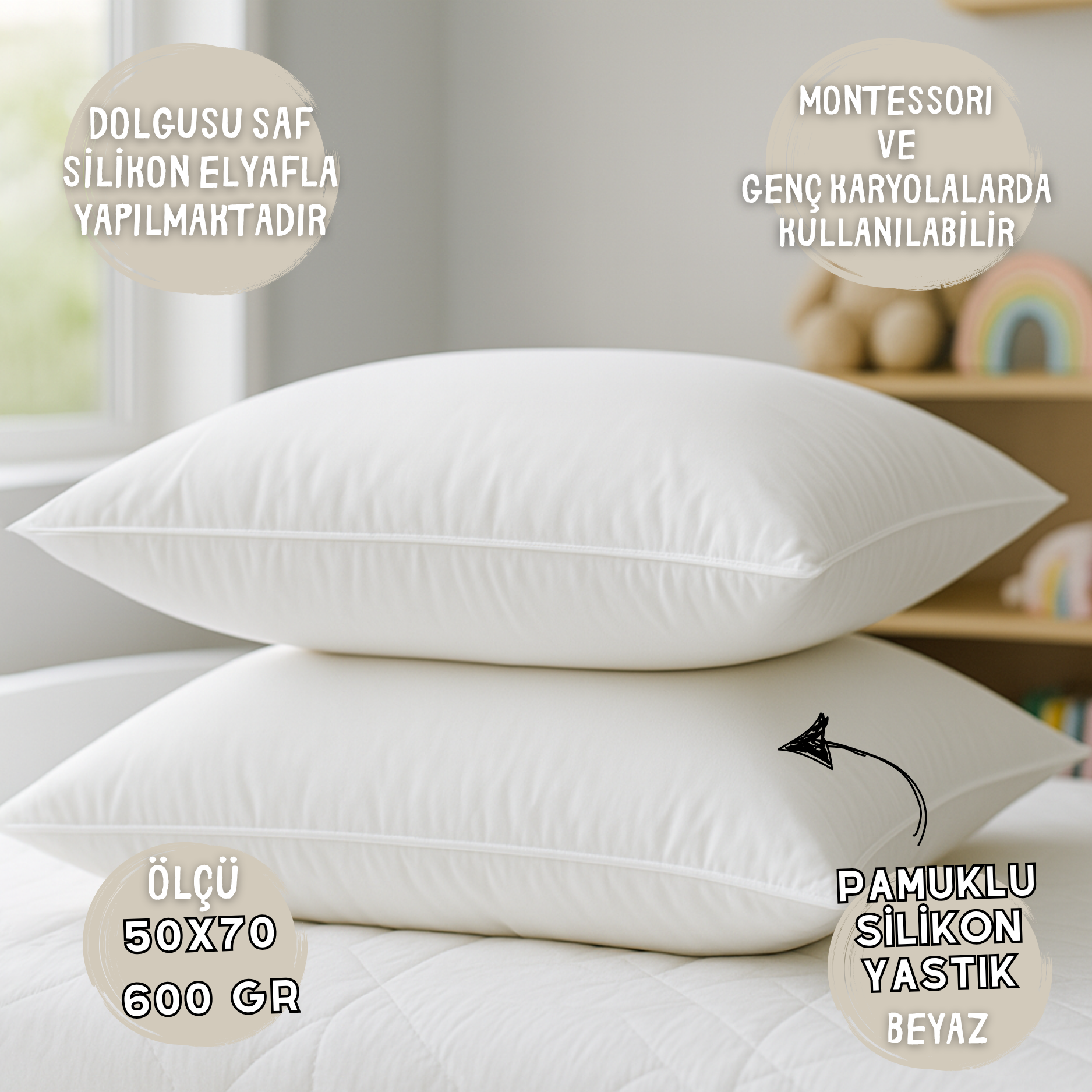 Pamuklu Silikon Yastık 50x70 cm – 600 gr | Saf Silikon Elyaf Dolgulu, Montessori ve Genç Karyolalara Uygun, Beyaz