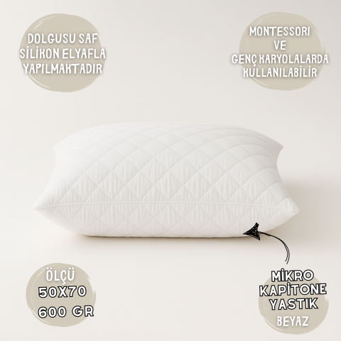 Mikro Kapitone Silikon Yastık 50x70 cm – 600 gr | Saf Silikon Elyaf Dolgulu, Montessori ve Genç Karyolalara Uygun, Beyaz