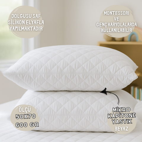Mikro Kapitone Silikon Yastık 50x70 cm – 600 gr | Saf Silikon Elyaf Dolgulu, Montessori ve Genç Karyolalara Uygun, Beyaz
