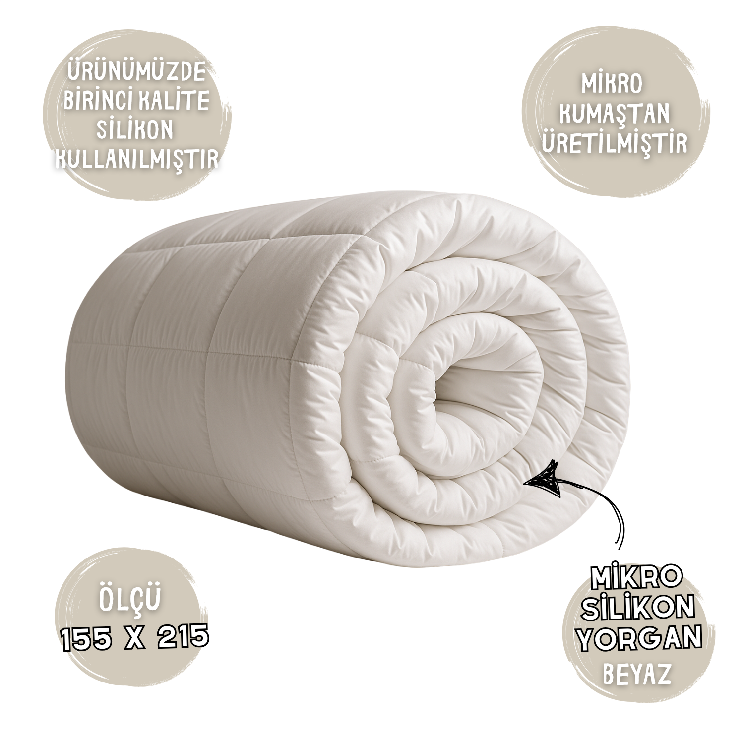 Mikro Silikon Yorgan 155x215 cm – Tek Kişilik | 350 gr/m² Dolgu, Birinci Kalite Silikon Elyaf, Biyeli Kenar, Beyaz
