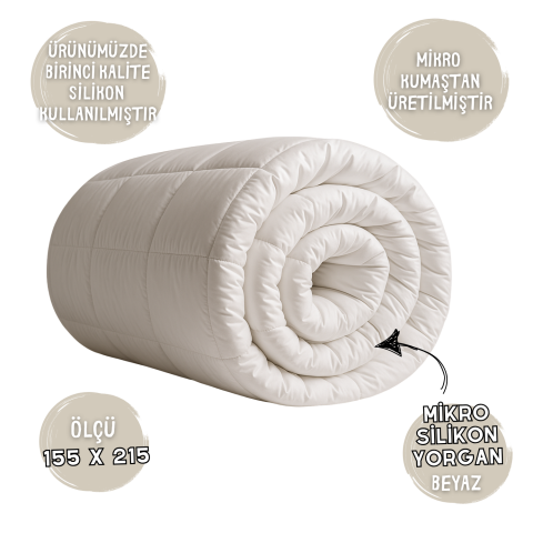 Mikro Silikon Yorgan 155x215 cm – Tek Kişilik | 350 gr/m² Dolgu, Birinci Kalite Silikon Elyaf, Biyeli Kenar, Beyaz