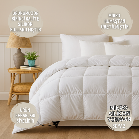 Mikro Silikon Yorgan 155x215 cm – Tek Kişilik | 350 gr/m² Dolgu, Birinci Kalite Silikon Elyaf, Biyeli Kenar, Beyaz