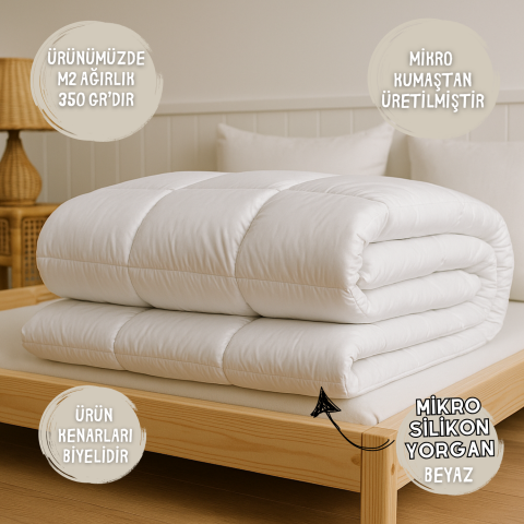 Mikro Silikon Yorgan 155x215 cm – Tek Kişilik | 350 gr/m² Dolgu, Birinci Kalite Silikon Elyaf, Biyeli Kenar, Beyaz