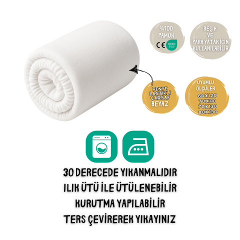 Yumuşak Penye Lastikli Bebek Çarşafı – %100 Pamuk, Esnek ve Tam Oturan | Beşik & Park Yatak için | Beyaz