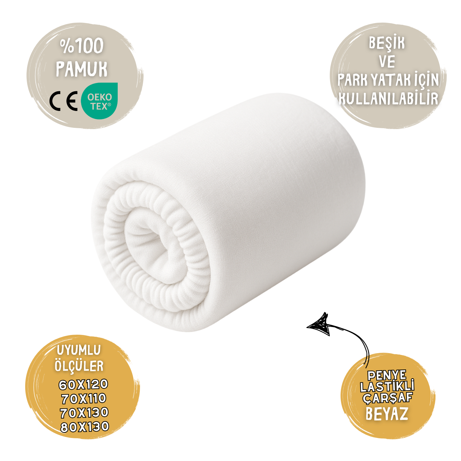 Yumuşak Penye Lastikli Bebek Çarşafı – %100 Pamuk, Esnek ve Tam Oturan | Beşik & Park Yatak için | Beyaz